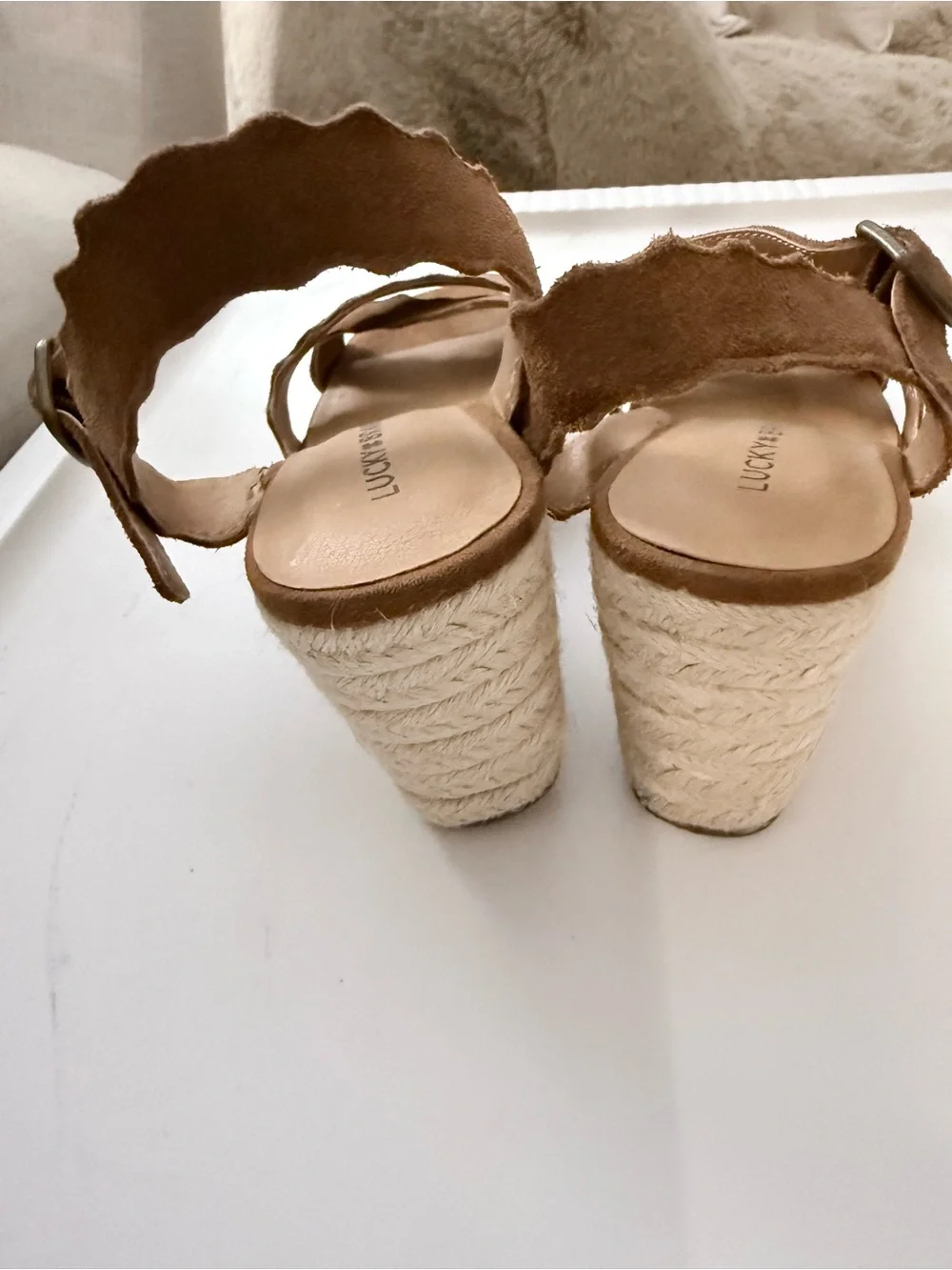 Lucky Brand Brown Suede Scalloped Wedge Sandals